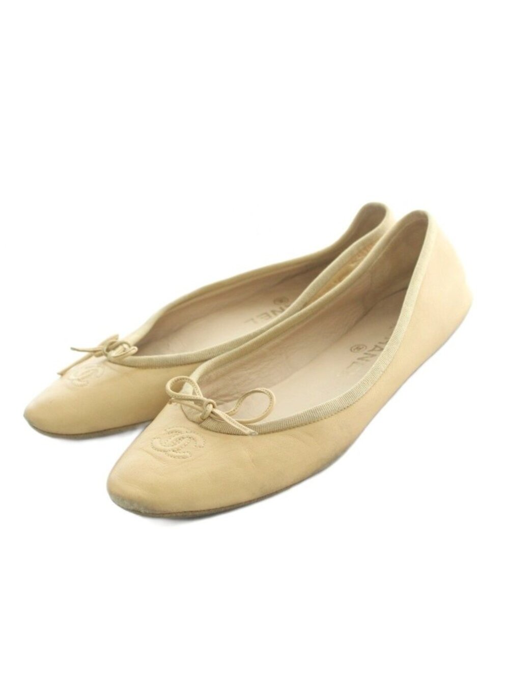 Chanel CC Logo Ballet Shoes Ribbon Leather Beige